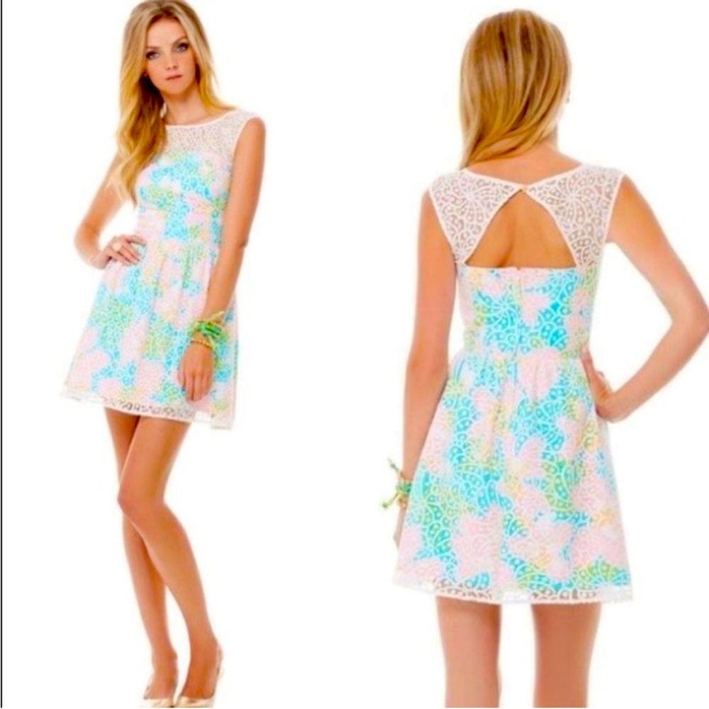 LILLY PULITZER Morrison Floral Lace Dress Pastel Rainbow Lace Overlay Sleeveless